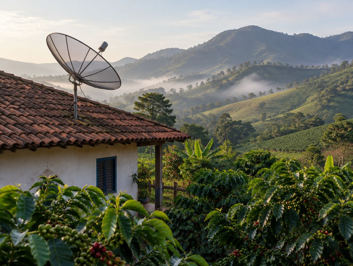 Antena parabólica no telhado de um sítio com a serra ao fundo