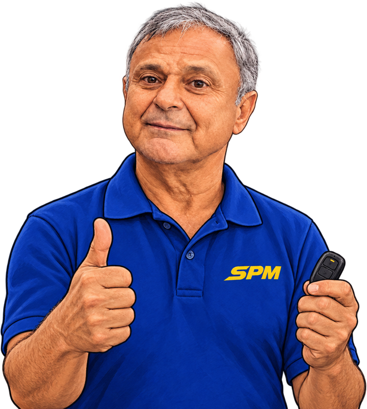 Ilustração do Sérgio, o Jiló, de camisa da SPM, fazendo sinal de positivo e segurando um controle de portão