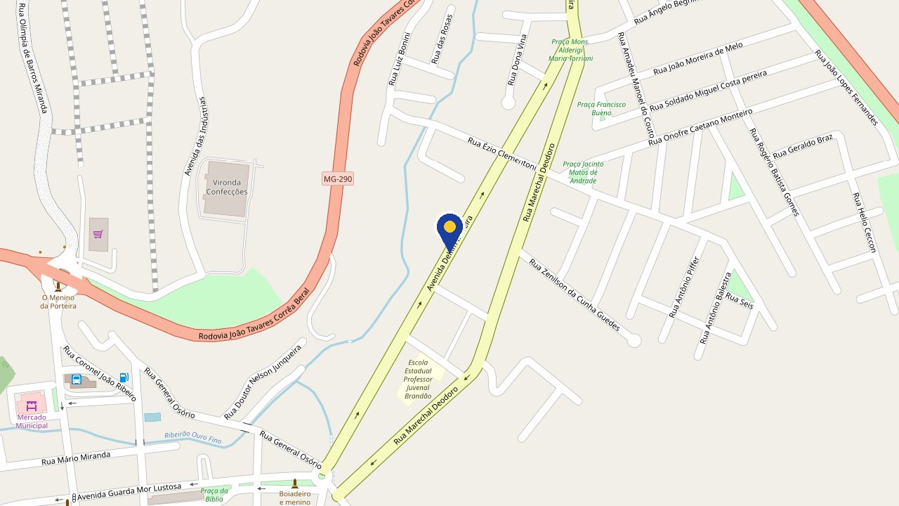 Mapa de Ouro Fino com a Av. Delfim Moreira marcada