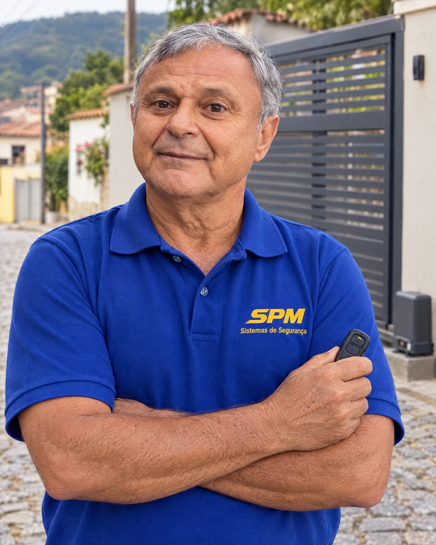 Sérgio Pucci Moreira, o Jiló, em frente a um portão automático